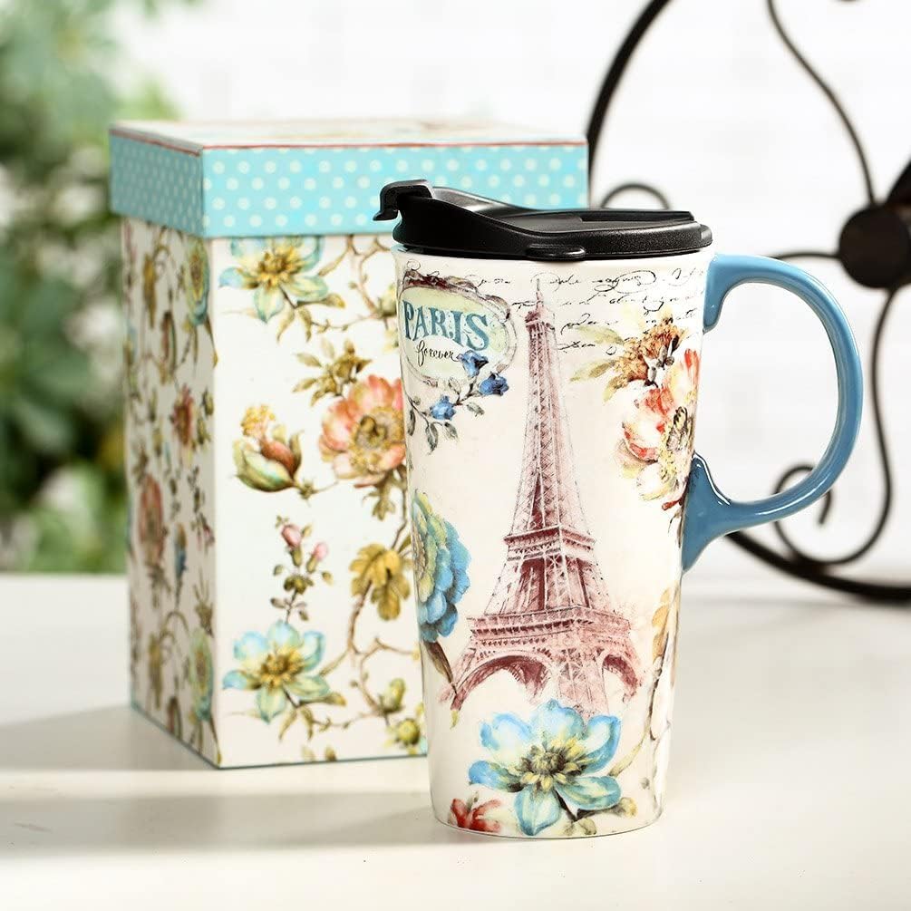 DUSVALLY Ceramic Mug Coffee Mug Porcelain Latte Tea Cup with Lid,Handle and Gift Box Latte Mug,17oz.Paris Tower