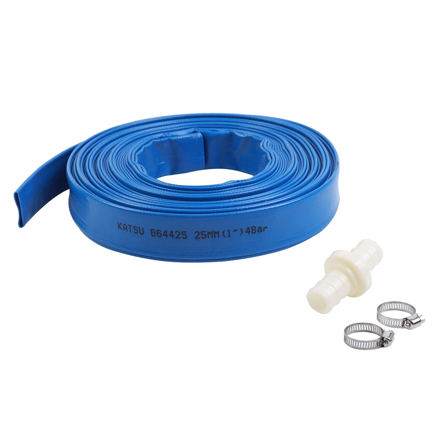 KATSU Layflat Discharge Hose Pipe 20m x 25mm 1-Inch Diameter with 2 Clips and Quick Coupler Connector, Fits Submersible & Other Water Pumps for Draining Pond, Garden Irrigation, Hot Tub, Pool