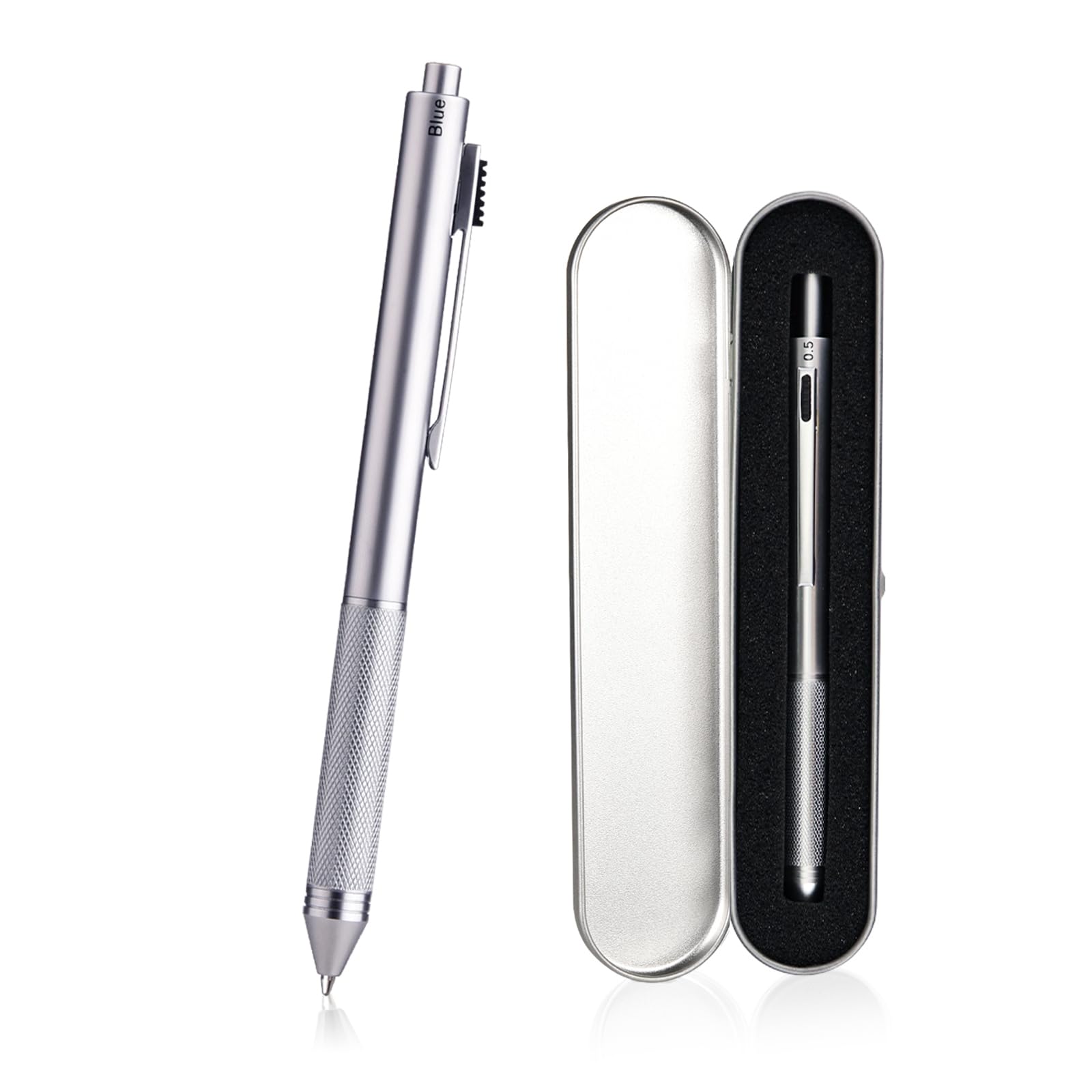 SMTTW 4-in-1 Multi-Function Refillable & Retractable Ballpoint Pen + 0.5mm Mechanical Pencil, Fine Point, Silver Metal Barrel, Black/Red/Blue Inks, Multicolor Pen in Metal Gift Box