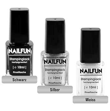 SET - 3x Stampinglack 10ml - schwarz + silber + weiss, hochpigmentiert, Pinselflasche, 3x 10ml