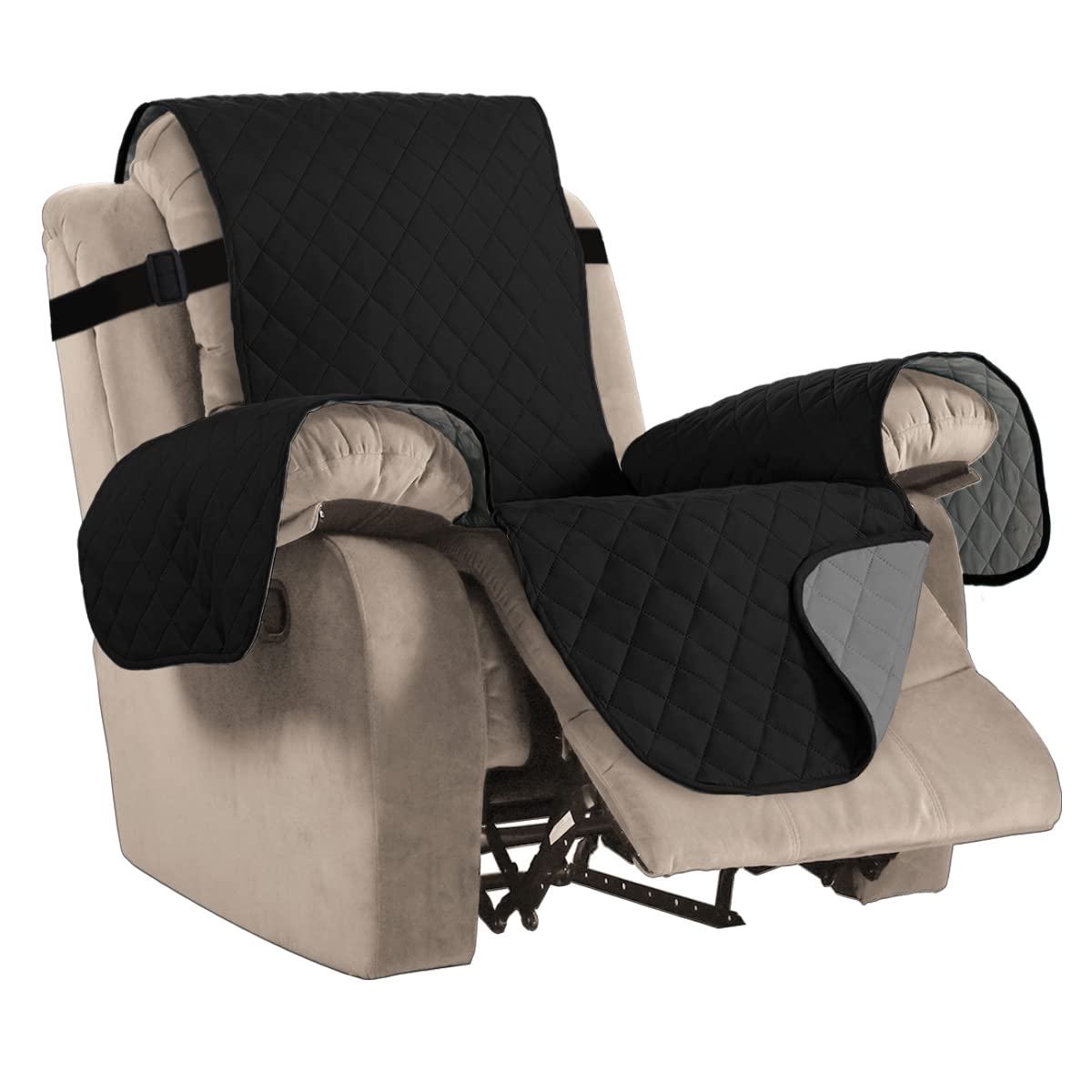 BellaHills Recliner Chair Cover Recliner Sofa Covers Water Resistant Recliner Covers Sofa Slipcovers for Cats Furniture Protector for Recliner Chair with Elastic Straps (Recliner,Black/Grey) — image 1