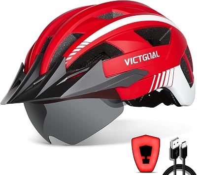 Victgoal Bike Helmet with USB Rechargeable LED Light Red M 57-61 cm
