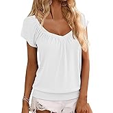 Hongqizo Womens V Neck T Shirts Cap Sleeve Summer Casual Shirts Banded-Bottom Loose Fit Basic Tops
