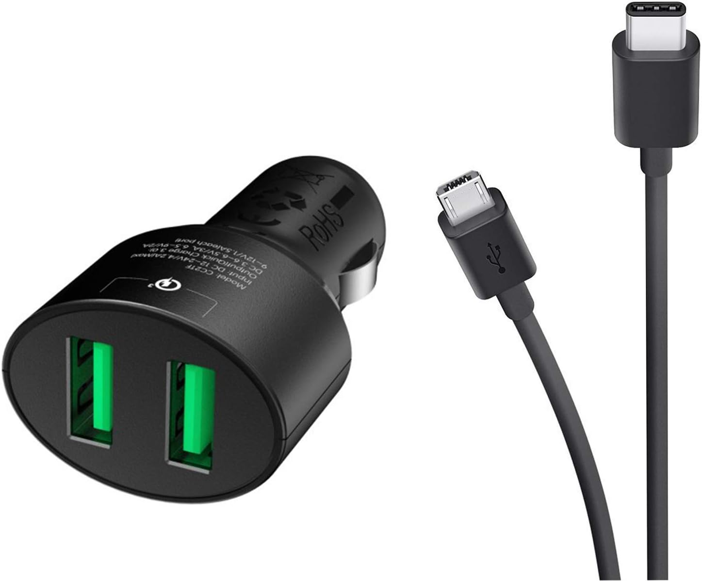 Dual Quick Charge 3 USB Car Charger for Yota YotaPhone with Turbo MicroUSB & USB-C Cables! (36Watts)