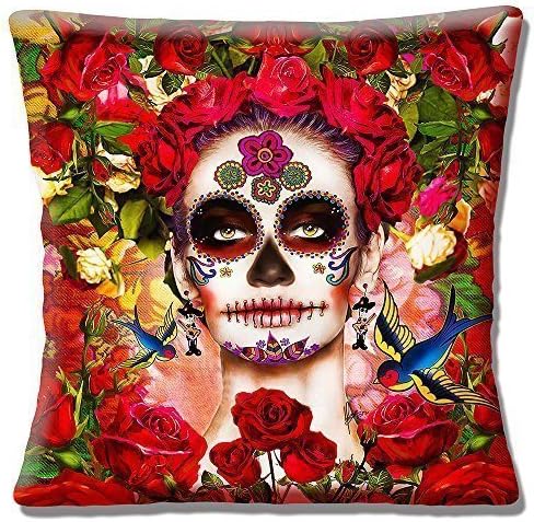 Retro Mexican Skull Day of the Dead Girl Flowers - 16" (40cm) Pillow Cushion Cover
