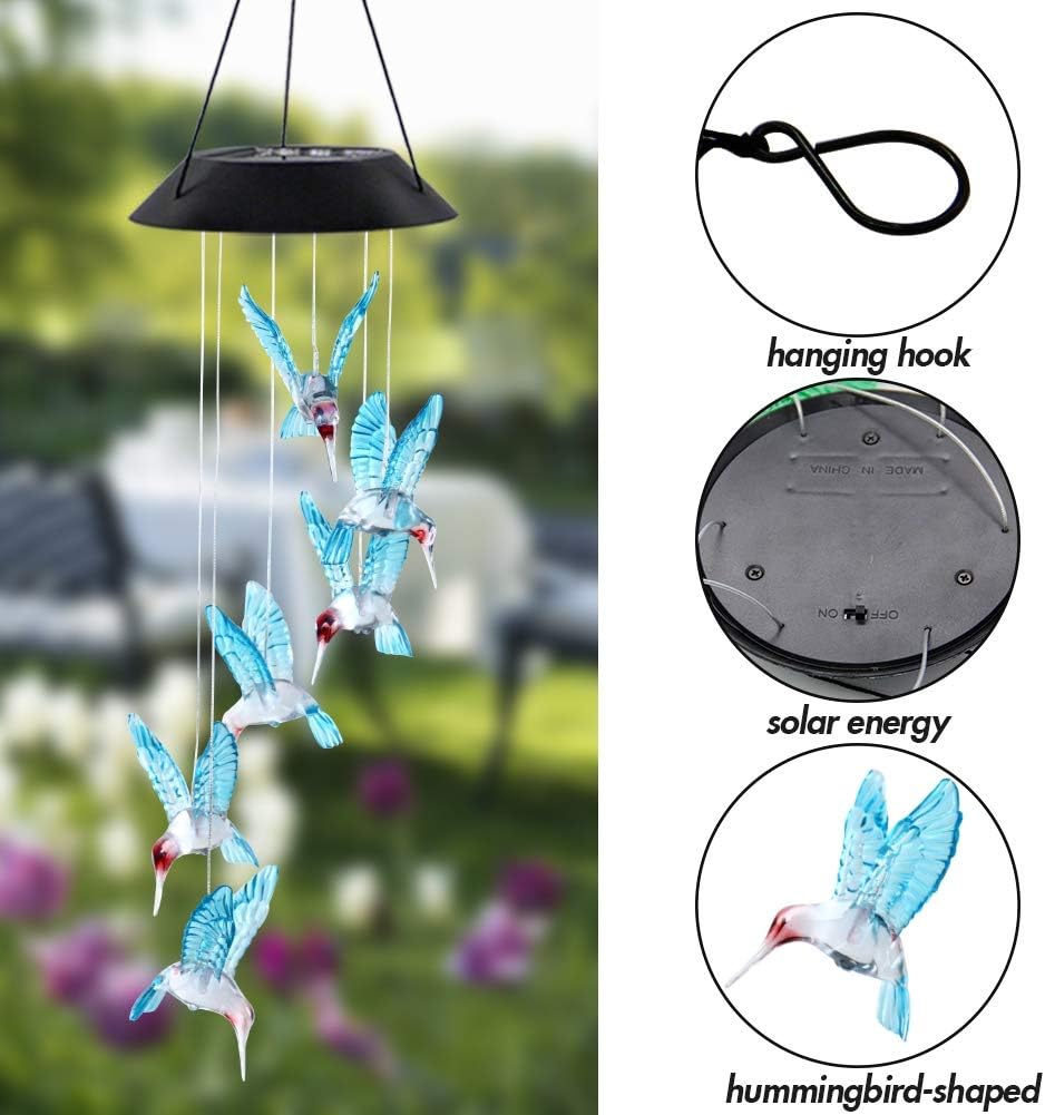 MorTime LED Solar Hummingbird Wind Chime, 25" Mobile Hanging Wind Chime for Home Garden Decoration, Automatic Light Changing Color (Blue) : Garden & Outdoor