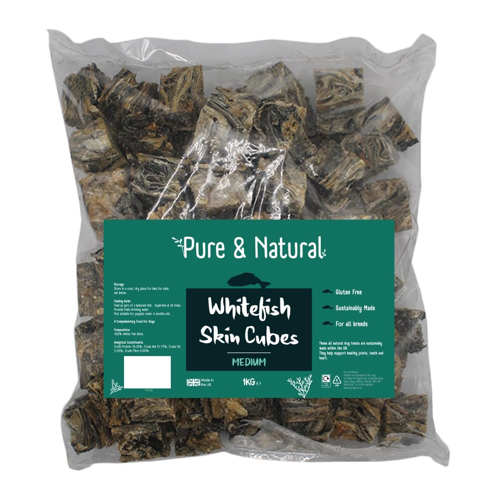 Pure & Natural Whitefish Medium Skin Cubes, 1kg - Gluten Free, Low Fat Dog Chew, High Protein Fish Treats for Dogs, Hypoallergenic Dog Chews for Sensitive Stomachs