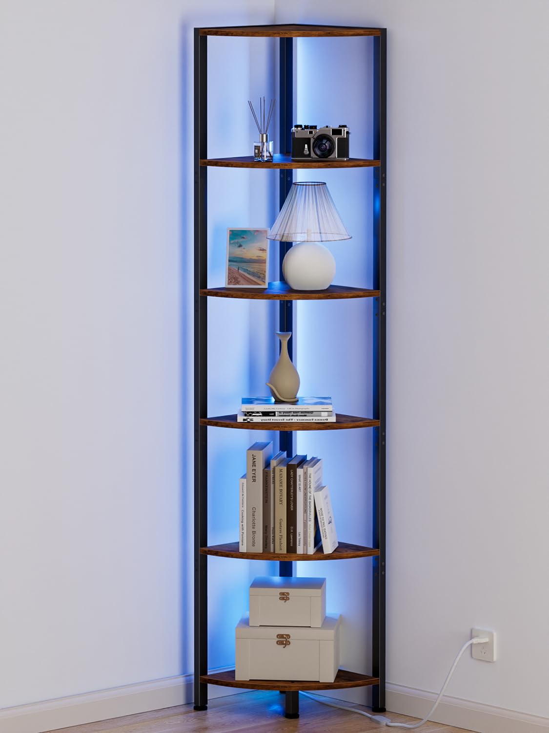 Photo 1 of Furnulem 6 Tier Corner Shelf with LED Light, 67.5” Tall Standing Shelf Organizer, Narrow Bookshelf with Storage Rack for Wall Corner, Living Room, Bedroom, Metal Frame, Wood Display Shelf