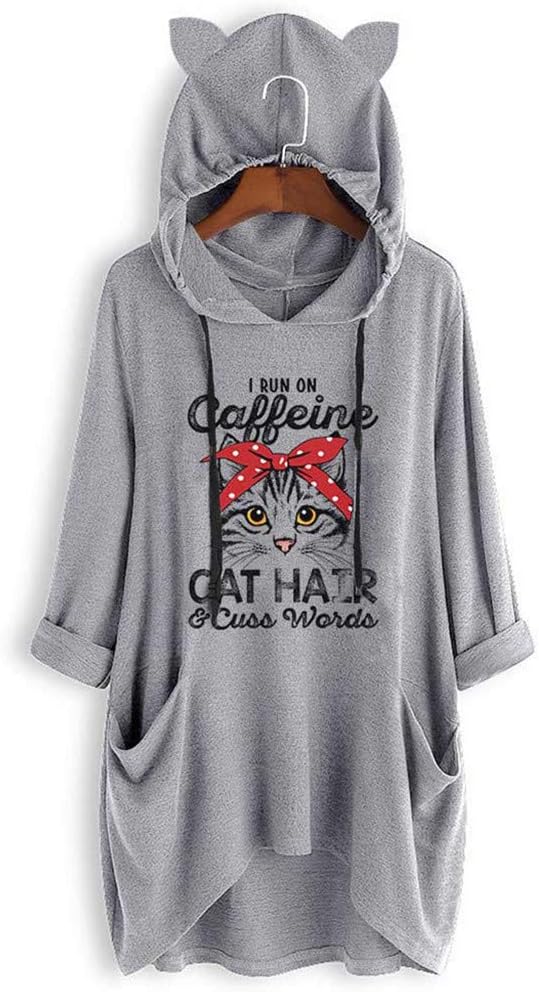 Womens Cute Lazy Lying Cat Printed Solid Color Long Sleeve Sweatshirt Cat Ear Hooded Pocket Tunic Tops