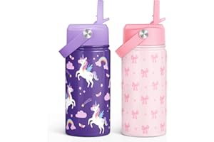 Kid Water Bottle 12oz with Straw Lid - 2-Pack Insulated Stainless Steel Water Bottles for Kids Girls - Travel Cup for Back to