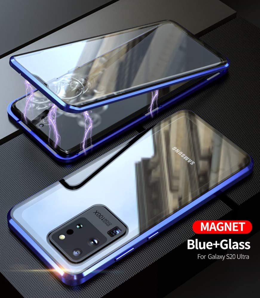 Galaxy S20 Ultra 5G Double Sided Tempered Glass Magnetic Case 360° Full Body [Magnetic Adsorption] Aluminium Alloy Metal Bumper Protection Clear Cover for S20 Ultra 6.9 inch (Blue, Galaxy S20 Ultra)