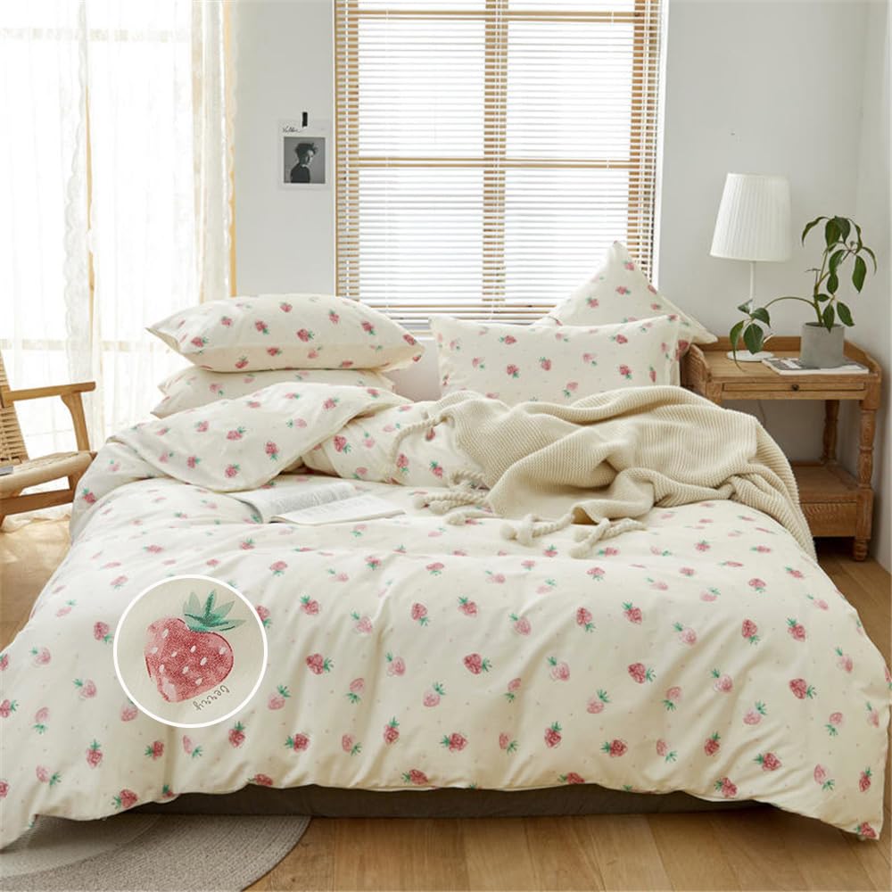 DREAMINGO Cotton Strawberry Duvet Cover Set King Cute Bedding Set Kawaii Style Teen Girls Comforter Cover Set with 2 Pillowcase Cream White Women Aesthetic Bedroom Decor