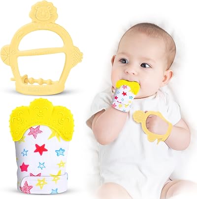 Vicloon Baby Teething Set 2Pcs Mittens Glove Toy Silicone Yellow 0-6M