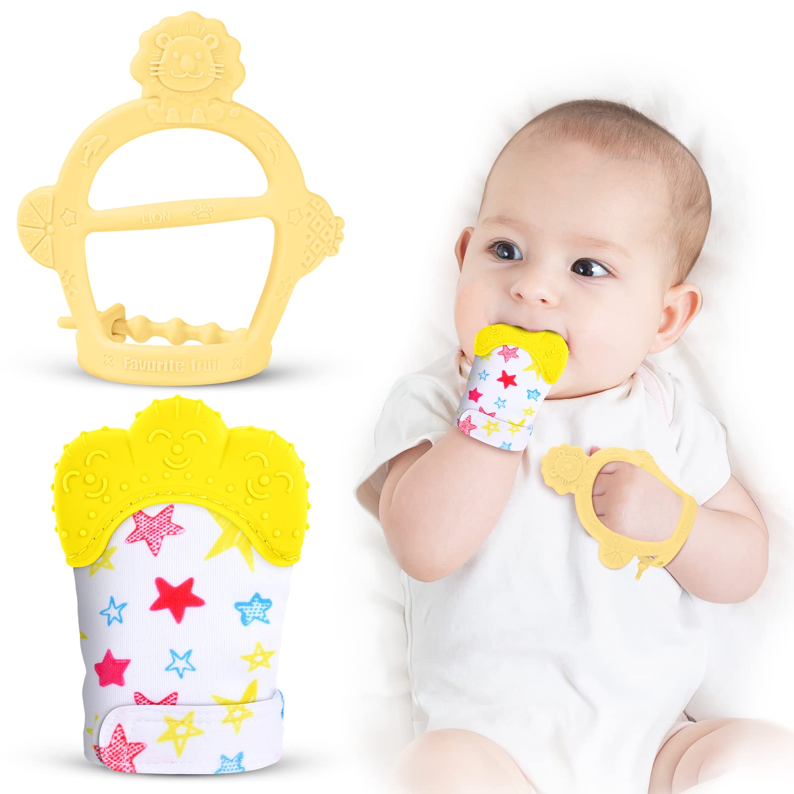 Vicloon Baby Teething Set, 2Pcs Mittens for Baby, Includes Chew Toy and Glove, Silicone Mitten Teether Infant Soothing Pain Relief Mitt Mits (Yellow), 1.0 Count