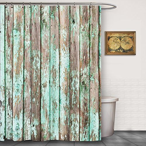 FOOG Barn Wood Shower Curtain Rustic Retro Distressed Old Wooden Textured Panels Country Grain Cottage Lodge Hardwood Pattern Polyester Fabric Mildew Resistant -Turquoise Gray (70" Wx78L)