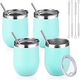 DIW sojourn life 12oz/4 Pack Wine Tumbler with lid, Stainless Steel Travel Mugs Stemless Double Wall Insulated Coffee Cup, Insulated Wine Glasses Travel Tumbler for Cold & Hot Drinks(Light Green,4)
