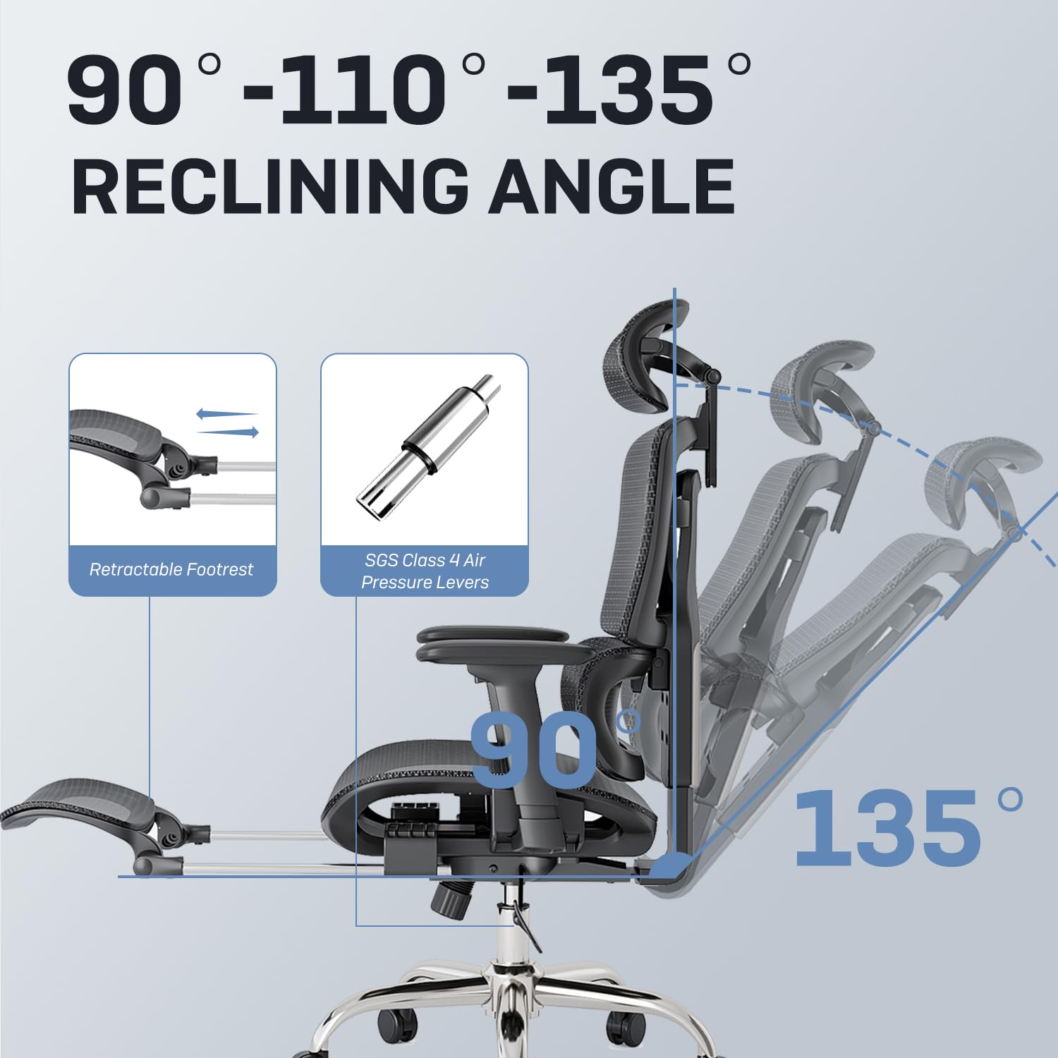 Ergonomic Office Chair, Breathable Mesh with Adaptive Lumbar Support, 3D Headrest, Armrests, Retractable Footrest, and a Six-Position Adjustable Backrest, Black - Image 5