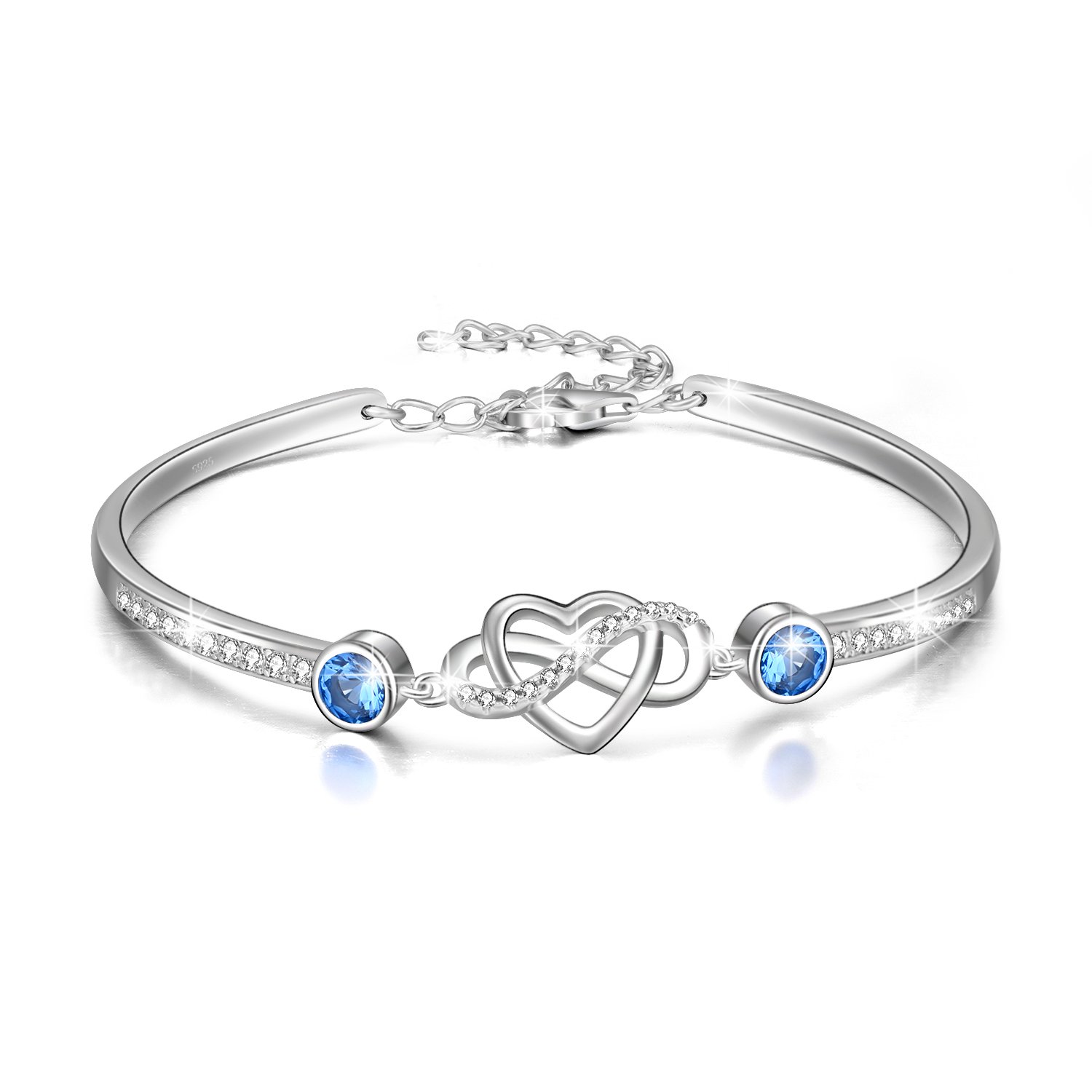 Infinity Bracelet Sterling Silver Love Heart Adjustable Bangle Bracelet with Birthstone Crystals, Friendship Wedding Anniversary Birthday Gifts for Her Women Wife Girlfriend Mum (Simulated Aquamarine) — image 1
