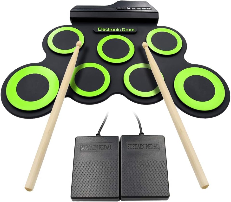 Roll Up Drum Kit Electronic Digital Drum Portable - Foldable Drum Pad Set Kids Musical Practice Instrument with 2 Foot Pedals, USB cable and Drum Sticks Speaker for Kids Beginners - Christmas Gift