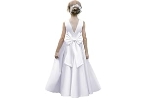 HEWEGO Satin Flower Girl Dresses for Wedding Floor Length Backless Princess Pageant Dress with Bow Pearls Proms Ball Gowns