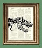 RAWR T-Rex dinosaur skeleton skull beautifully upcycled history animal dictionary page book art print