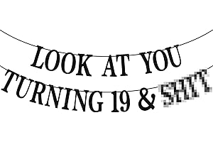 PYBHILK Black Glitter Look at You Turning 19 & Sh*t Banner, Happy 19th Birthday/Level 19 Unlocked/Cheers to 19 Years, Funny 19th Birthday Party Decorations Supplies