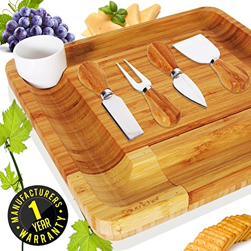 Bamboo Cheese Cutting Board Set - Bonus Condiment Cup - Closing Drawer Tray, 4 Stainless Steel Knives - Flat Wood Rectangle Serving Platter Plate Kit for Fruit and Meat - NutriChef - Thumbnail 5