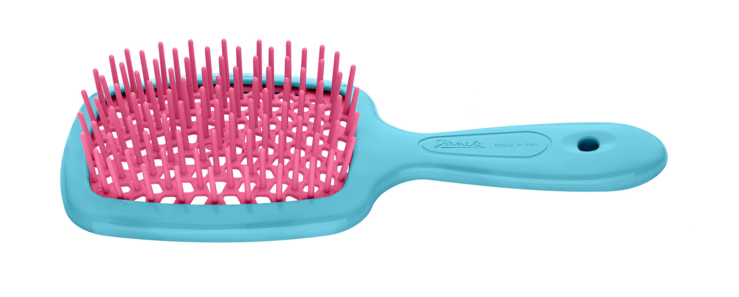 Jäneke SUPERBRUSH Hair Brush for All Hair Types, Light Blue Body with Curly Pink Bristles, Vented, Detangling, Soft, Massage, Unisex Adult
