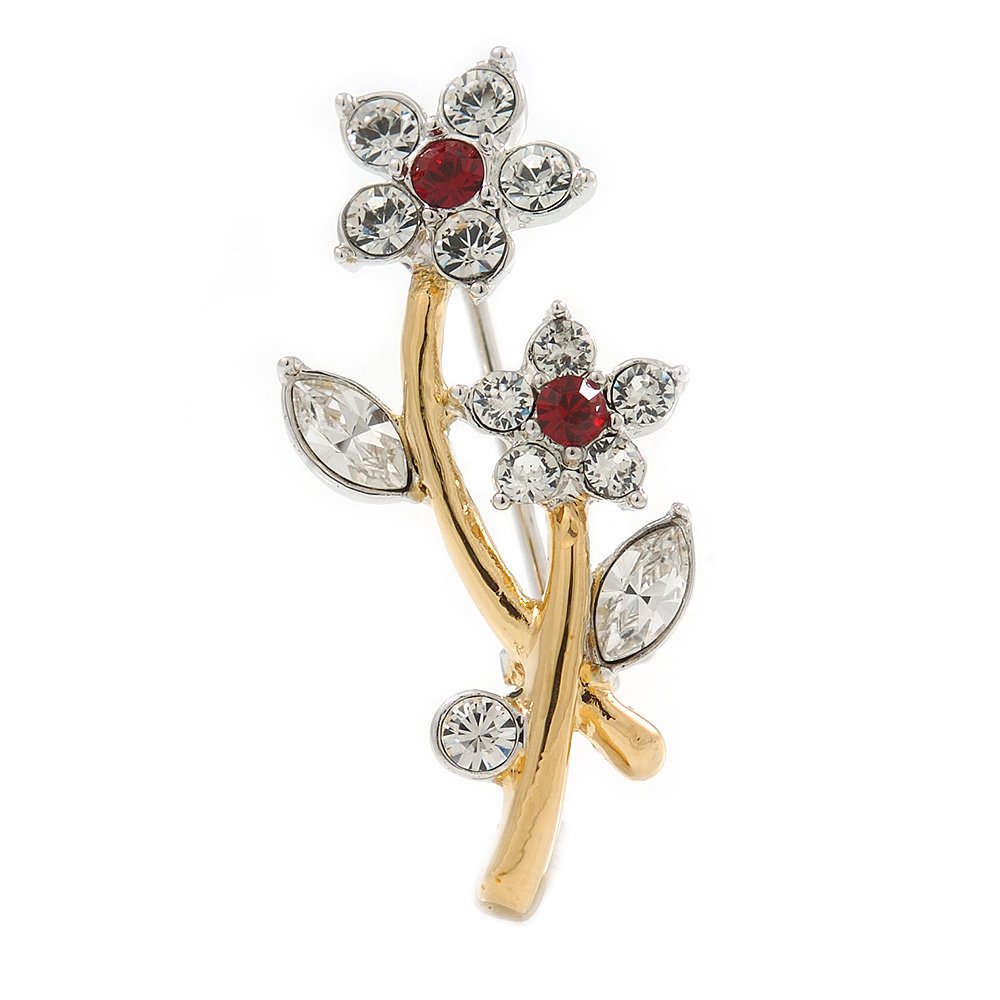 Stunning Two Tone Crystal Double Flower Brooch - 35mm L