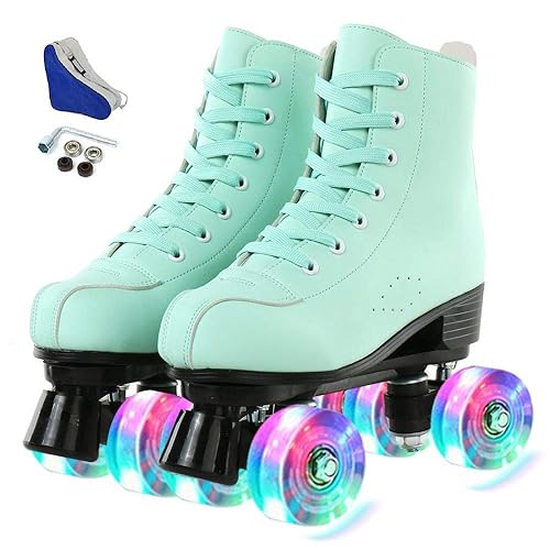 Womens Roller Skates Artificial Leather Adjustable Double Row Wheels  Roller Skates Shiny High-Top Outdoor Roller Skate for Teens,Adult (Flash  Wheel, - Main Image
