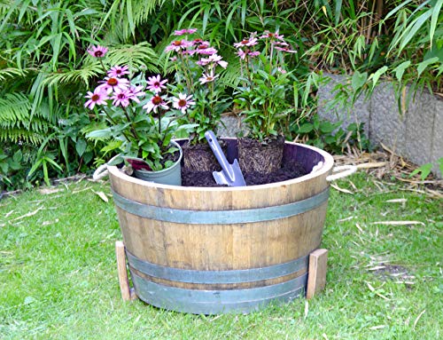 Temesso Holzfass, Kräuterbeet, Pflanzkübel Weinfass Fass halbiert mit Trageschlaufen (echtes Weinfass D70cm H40cm) Original – Bild 3