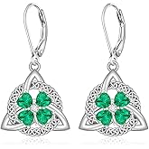 St Patricks Day Shamrock Earrings for Women Leverback Drop Celtic Knot Irish Four Leaf Clover Earrings Sterling Silver Green Dangle Valentines Day Gift