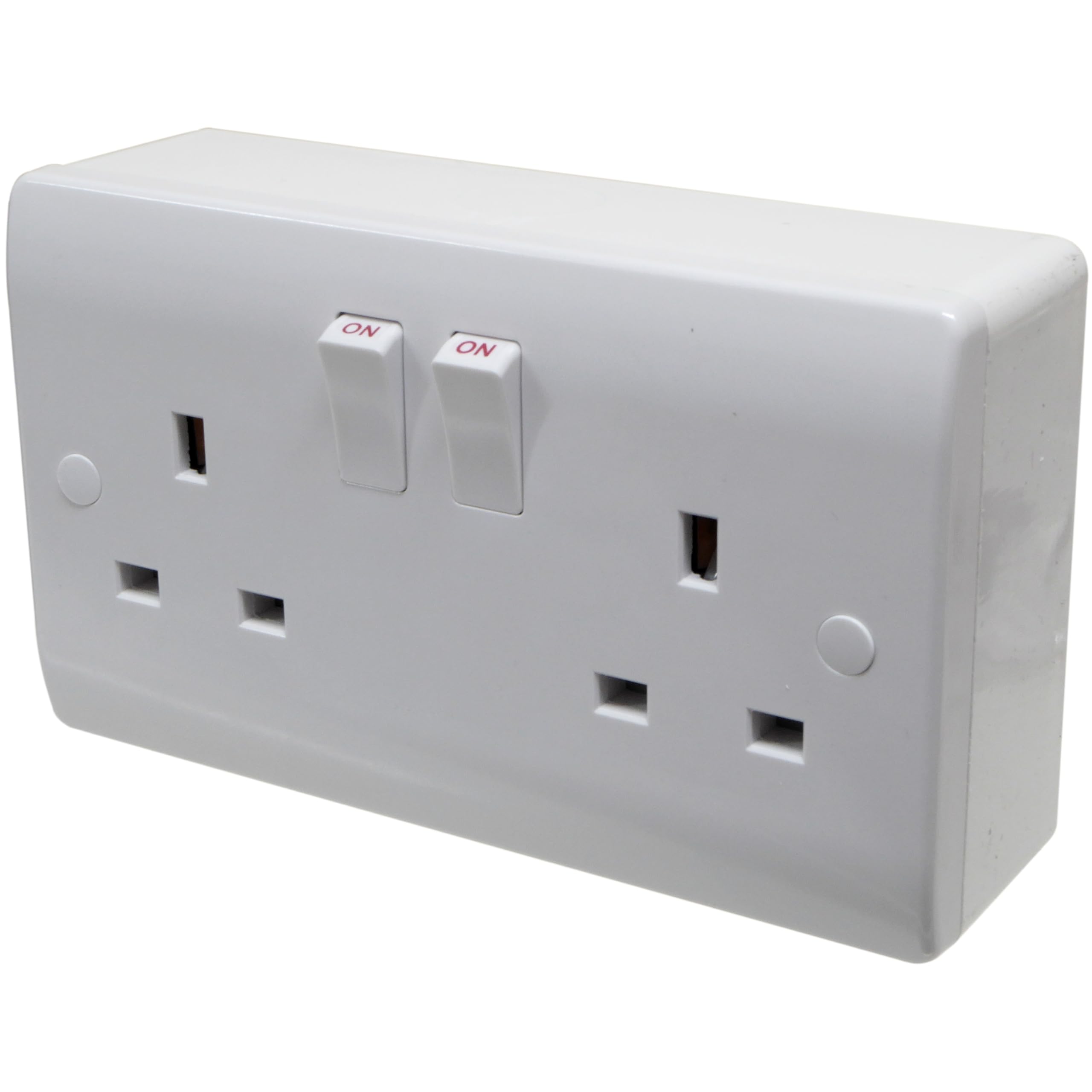13 Amp 2 Gang Wall Socket and 32mm Surface Box with Knockouts for Conduit and Mini-Trunking