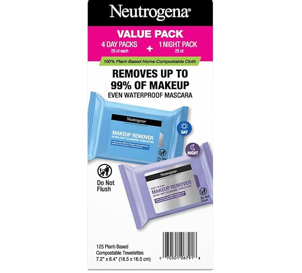 NEUTROGENA DAY & NIGHT FACIAL CLEANSING WIPES, MAKEUP REMOVER FACE CLEANSING TOWELETTES & NIGHT CALMING FACIAL CLOTHS, 100% PLANT BASED FIBERS WIPE AWAY DIRT & OIL, 5 PACKS OF 25 CT, 125 CT