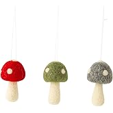The Bridge Collection Little Felt Mushroom Ornaments - Set of 3 Wool Toadstool Christmas Ornaments - Grey, Green, & Red Mushrooms