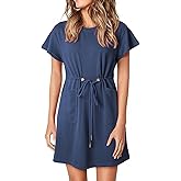 EVALESS Womens Spring Summer Dresses 2026 Casual Round Neck Ruffle Short Sleeve Flowy A Line Mini Dress with Pockets