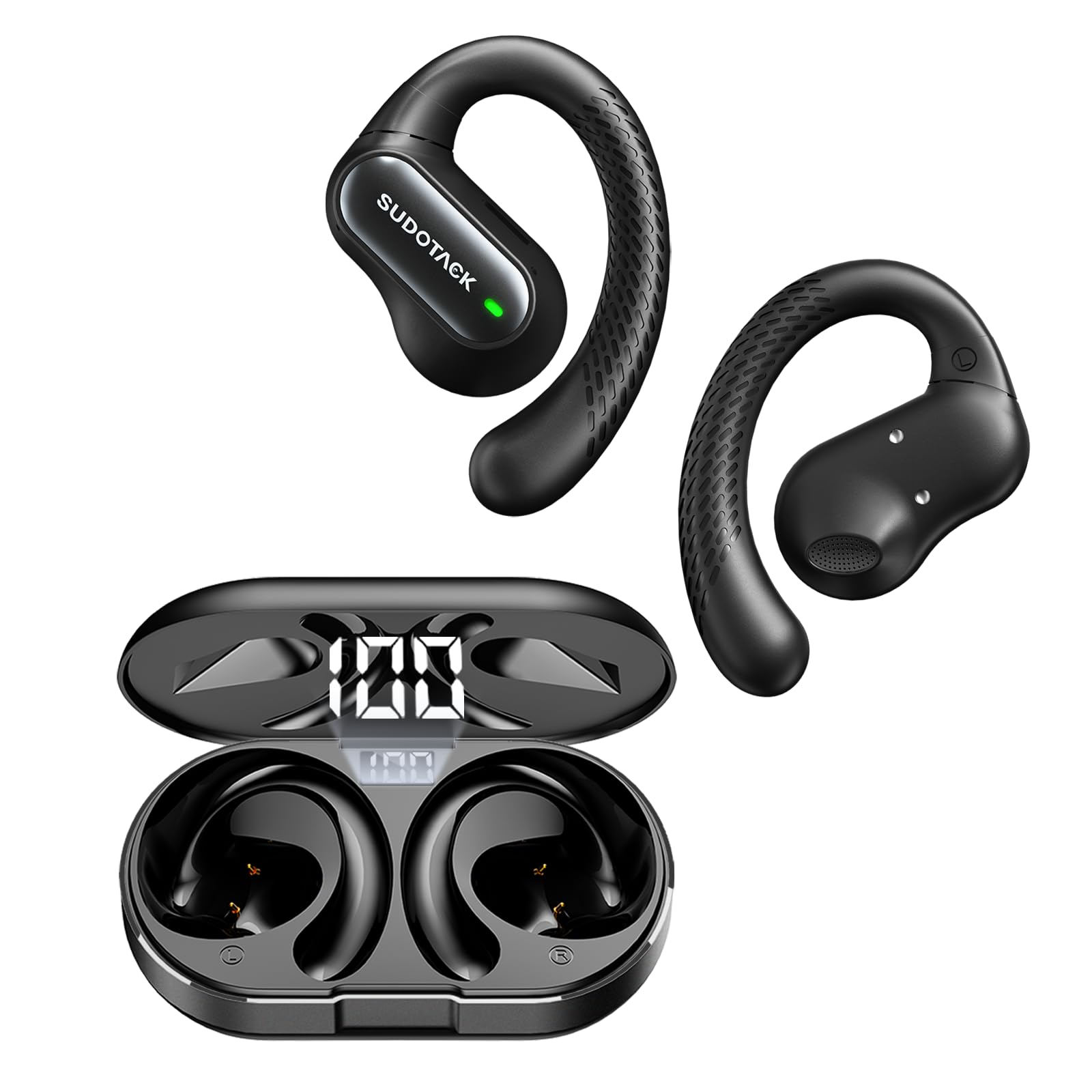 Photo 1 of SUDOTACK Ultrafit Wireless Open Ear Headphones, Up to 30 Hours Playtime Air Conduction Sport Earbuds, 5.3 Bluetooth Wireless Earphones with LED Display, Sweat-Proof for Workouts and Running(Black)