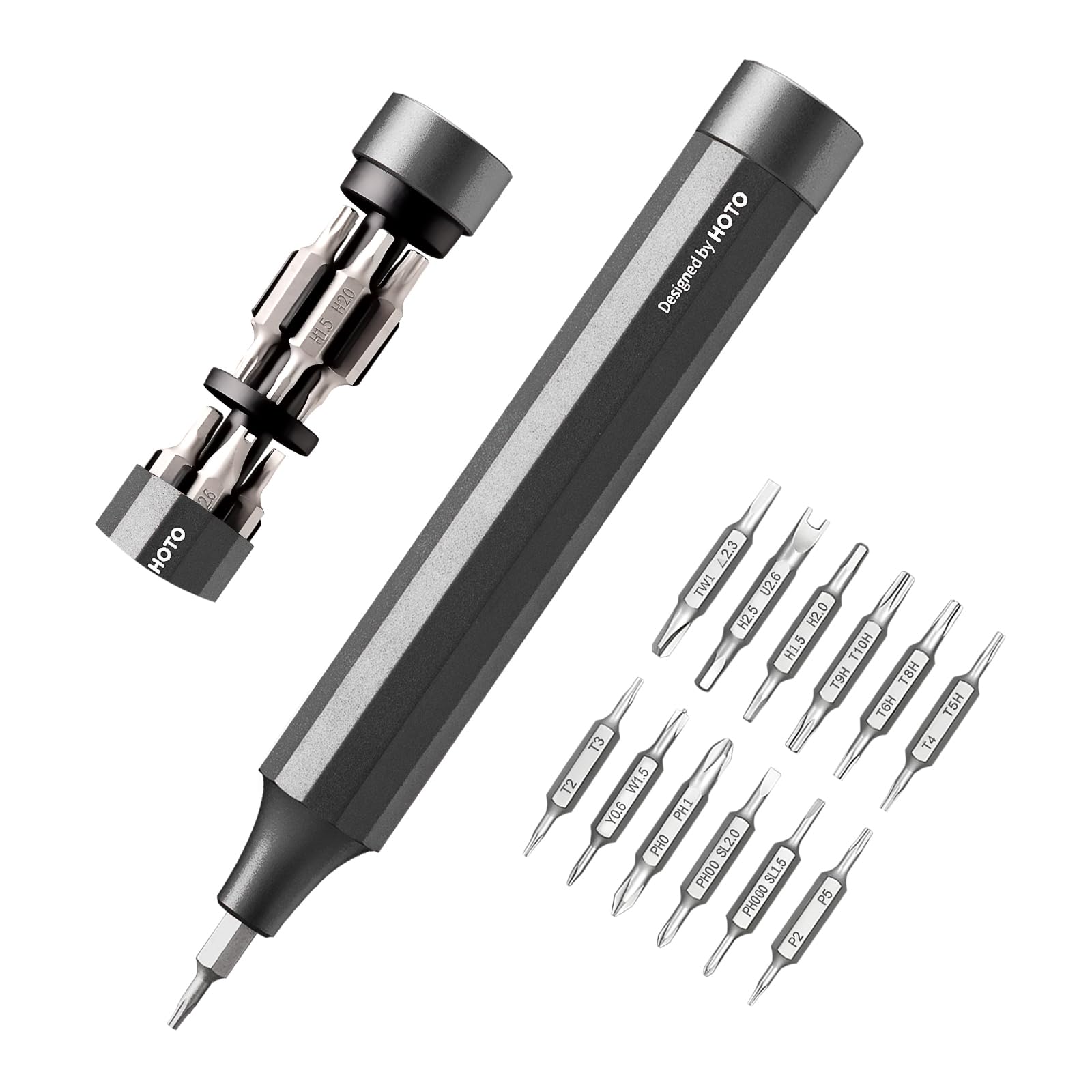 HOTO Precision Screwdriver Set, 24-in-1 Multi-Bit Screwdriver, Mini Hand Set with 12 Double End S2-Steel Bits, Ideal for Phone/Glasses/Watches/Laptop, Slate Grey