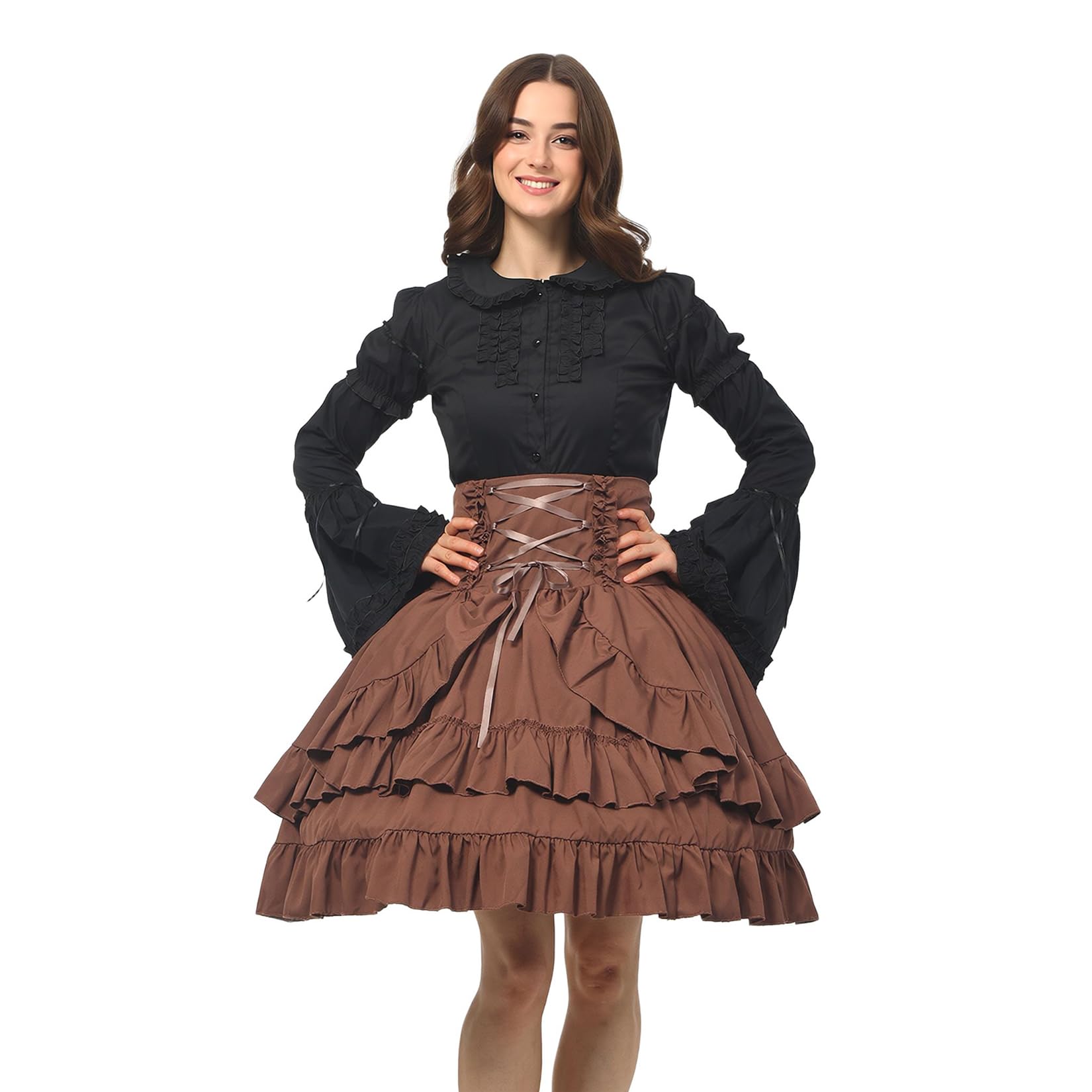 Women's Steampunk Victorian Skirt Renaissance Layered High Waist Vintage Skirt Cosplay Halloween Costume, brown, L