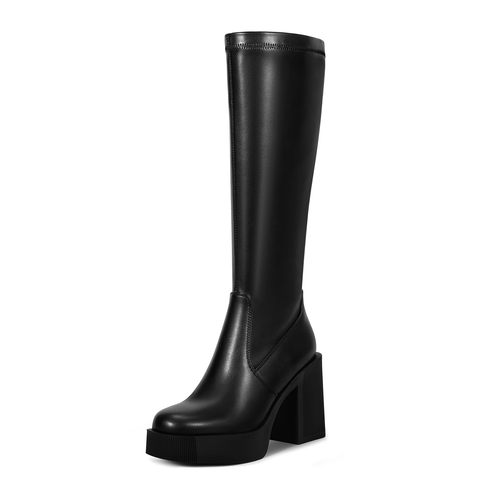 Photo 1 of wetkiss Platform Side Zipper Knee High Boots Women Black Block Boots for Women Tall Long Platform Heel Boot Gogo Chunky Stretchy Boot Round Toe Black Size 7