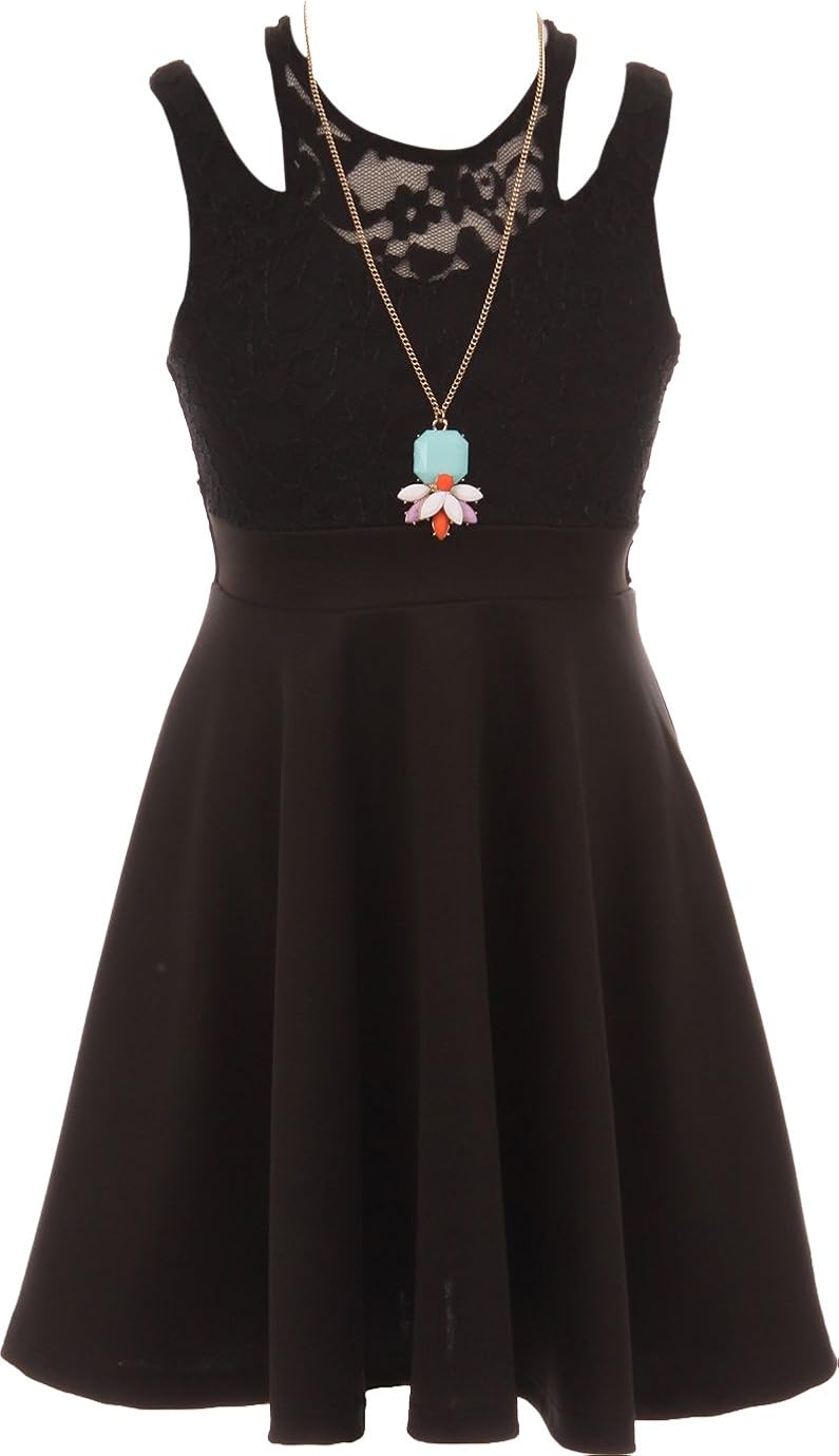 Amazon Com Lace Top Solid Skirt One Piece Dress With Necklace Clothing