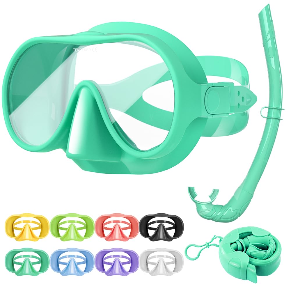 Tyuodna Snorkel Mask,Frameless Snorkeling Mask Adult & Junior,Diving Mask in Macaron Colors,180° Wide View,Nano Anti-Fog & Anti-UV Scuba Mask for Diving, Snorkelling and Swimmin (Turquoise+Snorkel)