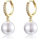 EPIRORA Sterling Silver Simulated Shell Pearl Hoop Earrings Cubic Zirconia Dangle Drop Earrings Jewelry for Women 10mm, Silver/Gold
