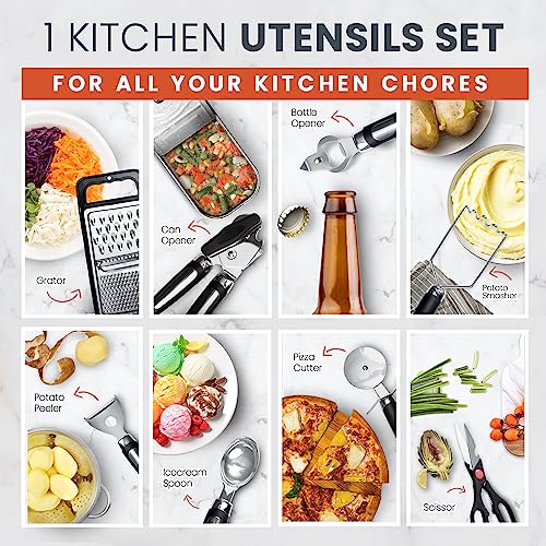 40PCs Silicone Cooking Utensils Set 446℉ Heat Resistance, RFAQK BPA Free Kitchen Utensils Set for Nonstick Cookware, Gadgets Includes Can Opener, Potato Smasher,Peeler,Tongs,Spatula Set,Pizza Cutter