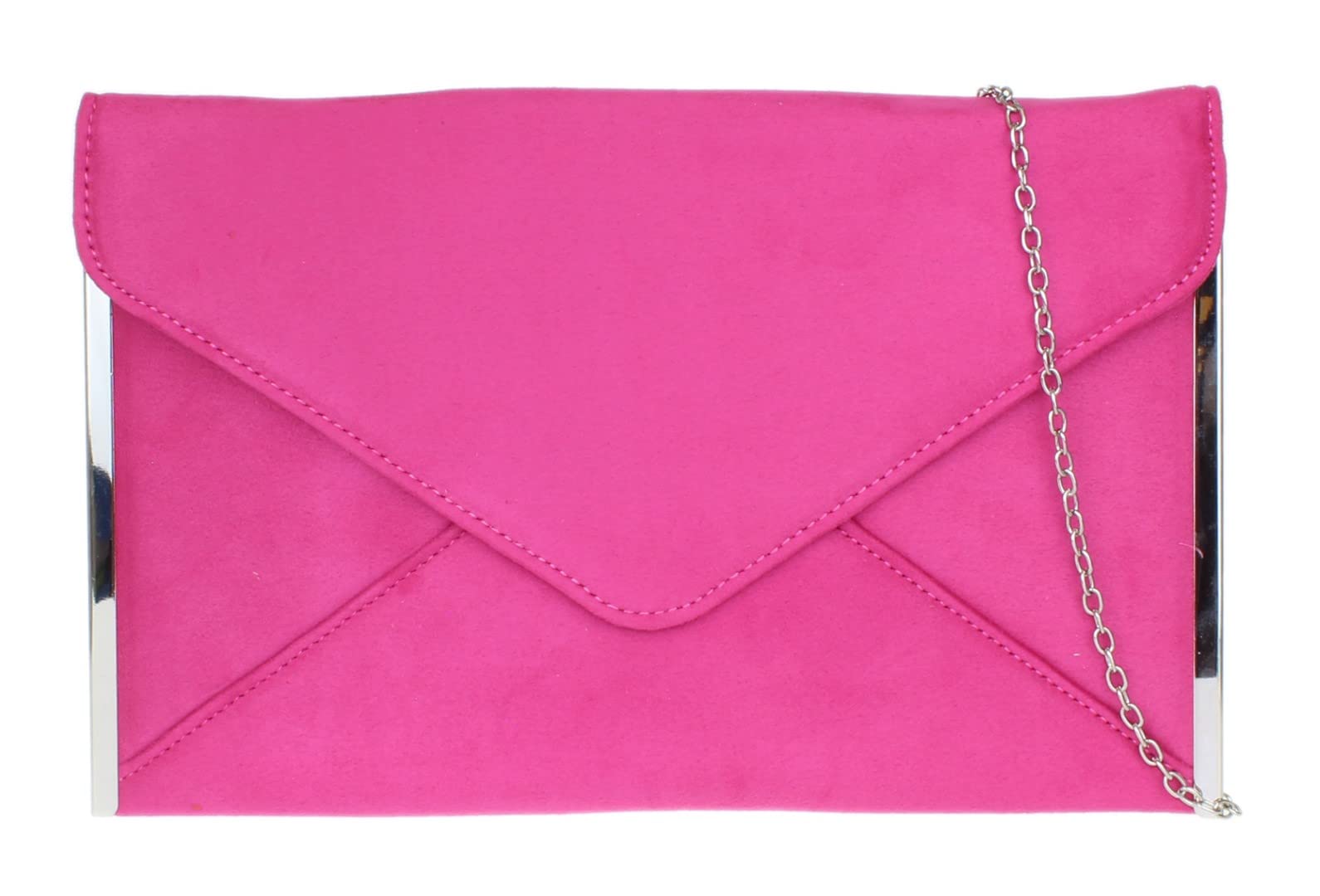 Girly Handbags Womens Faux Suede Clutch Bag Envelope Plain Sides Frame Wedding Prom - Fuchsia