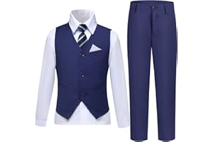 LOPEN STU Boys Suit Formal Dress Pants Vest Suit Set for Boys Wedding Outfits with Dress Shirt Tie and Pocket Square