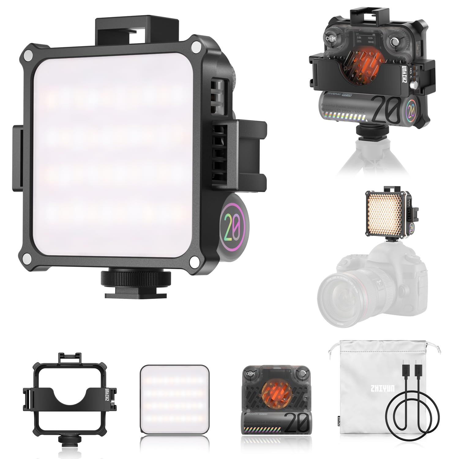 ZHIYUN FIVERAY M20 [Official] 20W LED Video Light, 4500mAh Rechargeable Camera Light, TLCI 97+, 2010Lux, 2700K-6500K Dimmable with 10 Lighting Effects, Extension Bracket for Photography Live Streaming