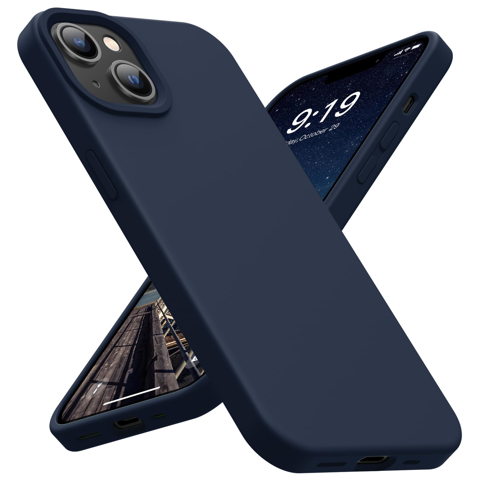 Photo 1 of OuXul for iPhone 14 Case, iPhone 13 Case Shockproof Liquid Silicone Protective Phone Case with Soft Anti-Scratch Microfiber Lining Ultra Slim Drop Protection Phone Cover 6.1 inch(Navy Blue)