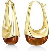 SNGIA Long Oval Chunky Dangle 18K gold plated Hoops with Colored Resin Gemstone Statement Earrings for Women by SNGIA, (Green, Brown, Blue, Pink, White, Cream), Bold Drop Handmade Exaggerated Irregular Trendy Bohemian Jewelry Gifts, Unique Dangling Teardrop Baroque Stone Summer Beach Fashion Earrings Accessories, Round Vintage Thick Circular Nickle Free Huggies Hoop Earrings.