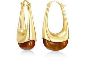 Long Oval Chunky Dangle 18K gold plated Hoops with Colored Resin Gemstone Statement Earrings for Women by SNGIA, (Green, Brown, Blue, Pink, White, Cream), Bold Drop Handmade Exaggerated Irregular Trendy Bohemian Jewelry Gifts, Unique Dangling Teardrop Baroque Stone Summer Beach Fashion Earrings Accessories, Round Vintage Thick Circular Nickle Free Huggies Hoop Earrings.